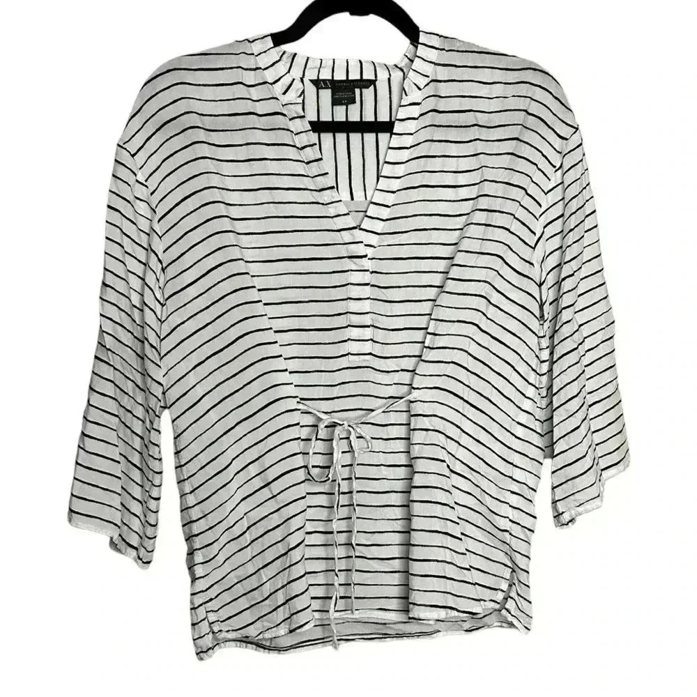 Armani Exchange Like New Black White Striped top with tie Small